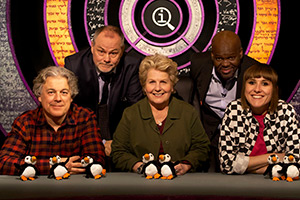 QI. Image shows left to right: Alan Davies, Jack Dee, Sandi Toksvig, Daliso Chaponda, Maisie Adam