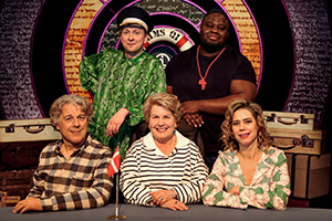 QI. Image shows left to right: Alan Davies, Joe Lycett, Sandi Toksvig, Nabil Abdulrashid, Lou Sanders