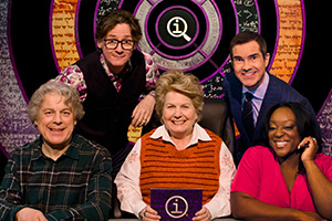 QI. Image shows left to right: Alan Davies, Ed Byrne, Sandi Toksvig, Jimmy Carr, Judi Love