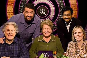 QI. Image shows left to right: Alan Davies, Jason Manford, Sandi Toksvig, Ahir Shah, Holly Walsh