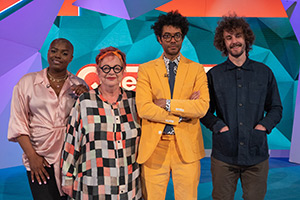 Question Team. Image shows from L to R: Thanyia Moore, Jo Brand, Richard Ayoade, Josh Pugh