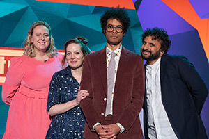 Question Team. Image shows from L to R: Helen Bauer, Katherine Parkinson, Richard Ayoade, Nish Kumar