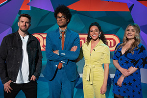 Question Team. Image shows from L to R: Joel Dommett, Richard Ayoade, Janine Harouni, Harriet Kemsley