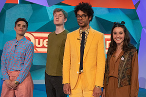 Question Team. Image shows from L to R: Jen Brister, James Acaster, Richard Ayoade, Lara Ricote