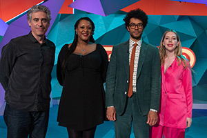 Question Team. Image shows from L to R: Stephen Mangan, Dana Alexander, Richard Ayoade, Katherine Ryan