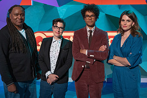 Question Team. Image shows from L to R: Reginald D Hunter, Sue Perkins, Richard Ayoade, Ellie Taylor