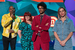 Question Team. Image shows from L to R: Dane Baptiste, Angela Barnes, Richard Ayoade, Lou Sanders