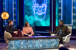 The Ranganation. Image shows from L to R: Jon Richardson, Jessica Hynes, Romesh Ranganathan. Copyright: Zeppotron