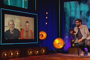 The Ranganation. Image shows from L to R: Jamie Laing, Roisin Conaty, Romesh Ranganathan. Copyright: Zeppotron