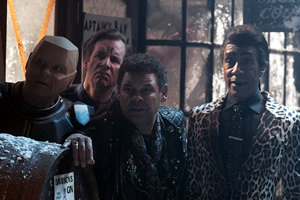 Red Dwarf. Image shows from L to R: Kryten (Robert Llewellyn), Rimmer (Chris Barrie), Lister (Craig Charles), Cat (Danny John-Jules)