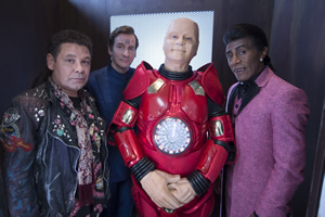 Red Dwarf. Image shows from L to R: Lister (Craig Charles), Rimmer (Chris Barrie), Kryten (Robert Llewellyn), Cat (Danny John-Jules)