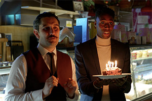 Red Flag Dates. Image shows left to right: Waiter (Oliver Malam), Jamie (Joseph Adelakun)