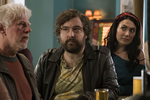 The Reluctant Landlord. Image shows from L to R: Dirty Harry (Phil Davis), Lemon (Nick Helm), Julie (Yasmine Akram). Copyright: What Larks Productions