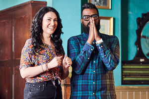 The Reluctant Landlord. Image shows from L to R: Julie (Yasmine Akram), Romesh (Romesh Ranganathan). Copyright: What Larks Productions