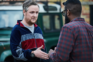 The Reluctant Landlord. Image shows from L to R: Tommy (Tim Key), Romesh (Romesh Ranganathan). Copyright: What Larks Productions