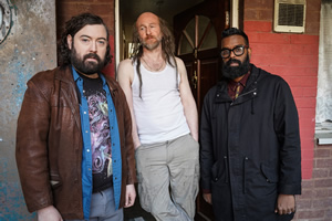 The Reluctant Landlord. Image shows from L to R: Lemon (Nick Helm), Dreadlock Jeff (Paul Kaye), Romesh (Romesh Ranganathan). Copyright: What Larks Productions