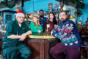 The Reluctant Landlord. Image shows from L to R: Lee (Marek Larwood), Natasha (Sian Gibson), Romesh (Romesh Ranganathan), Julie (Yasmine Akram), Lemon (Nick Helm)