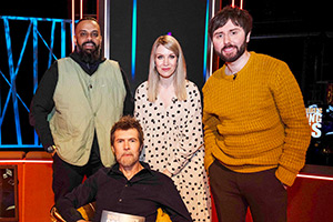 Rhod Gilbert's Growing Pains. Image shows left to right: Guz Khan, Rhod Gilbert, Rachel Parris, James Buckley