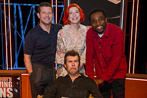 Rhod Gilbert's Growing Pains. Image shows left to right: Dermot O'Leary, Olga Koch, Rhod Gilbert, Michael Odewale