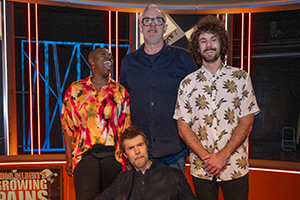 Rhod Gilbert's Growing Pains. Image shows left to right: Thanyia Moore, Rhod Gilbert, Greg Davies, Josh Pugh