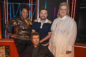 Rhod Gilbert's Growing Pains. Image shows left to right: Desiree Burch, Rhod Gilbert, Alex Brooker, Jayde Adams