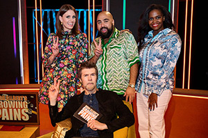 Rhod Gilbert's Growing Pains. Image shows left to right: Ellie Taylor, Rhod Gilbert, Asim Chaudhry, Oti Mabuse