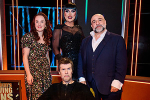 Rhod Gilbert's Growing Pains. Image shows left to right: Catherine Bohart, Rhod Gilbert, The Vivienne, Omid Djalili