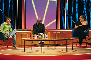 Rhod Gilbert's Growing Pains. Image shows left to right: Sam Campbell, Trevor Nelson, Emily Atack