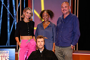 Rhod Gilbert's Growing Pains. Image shows left to right: Vogue Williams, Rhod Gilbert, Kyrah Gray, Al Murray