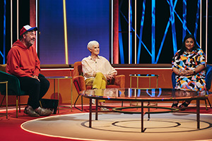 Rhod Gilbert's Growing Pains. Image shows left to right: David O'Doherty, Judy Murray, Sukh Ojla