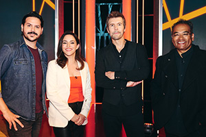 Rhod Gilbert's Growing Pains. Image shows left to right: Ignacio Lopez, Janine Harouni, Krishnan Guru-Murthy