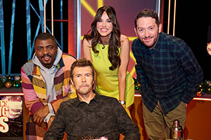 Rhod Gilbert's Growing Pains. Image shows left to right: Loyiso Gola, Rhod Gilbert, Vicky Pattison, Jon Richardson