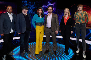 Richard Hammond's Brain Reaction. Image shows from L to R: Krishnan Guru-Murthy, Johnny Vegas, Ria Lina, Richard Hammond, Victoria Coren Mitchell, Maisie Adam