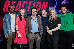 Richard Hammond's Brain Reaction. Image shows from L to R: Kiell Smith-Bynoe, Ria Lina, Richard Hammond, Johnny Vegas, Victoria Coren Mitchell, Desiree Burch