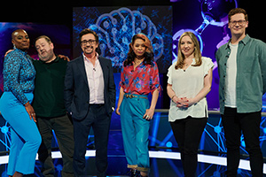 Richard Hammond's Brain Reaction. Image shows from L to R: Thanyia Moore, Johnny Vegas, Richard Hammond, Ria Lina, Victoria Coren Mitchell, Robin Morgan