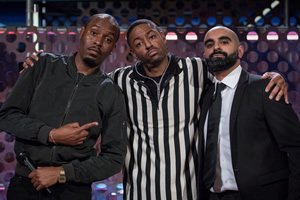 Roast Battle. Image shows from L to R: Dane Baptiste, Brian Moses, Tez Ilyas