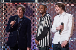 Roast Battle. Image shows from L to R: Mark Steel, Brian Moses, Elliot Steel