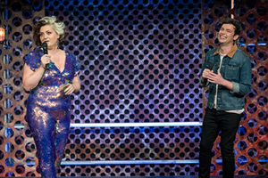 Roast Battle. Image shows from L to R: Kiri Pritchard-McLean, Brennan Reece