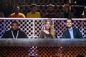 Roast Battle. Image shows from L to R: Big Narstie, Katherine Ryan, Jimmy Carr