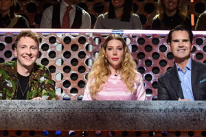 Roast Battle. Image shows from L to R: Joe Lycett, Katherine Ryan, Jimmy Carr