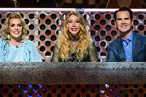 Roast Battle. Image shows from L to R: Sara Pascoe, Katherine Ryan, Jimmy Carr