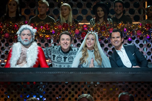 Roast Battle. Image shows from L to R: Santa (Nick Helm), Jonathan Ross, Katherine Ryan, Jimmy Carr