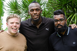 Rob And Romesh Vs. Image shows from L to R: Rob Beckett, Usain Bolt, Romesh Ranganathan. Copyright: CPL Productions