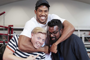 Rob And Romesh Vs. Image shows from L to R: Rob Beckett, Anthony Joshua, Romesh Ranganathan. Copyright: CPL Productions