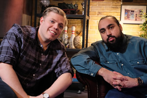 Rob Beckett's Playing For Time. Image shows from L to R: Rob Beckett, Asim Chaudhry. Copyright: Rumpus Media