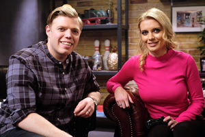 Rob Beckett's Playing For Time. Image shows from L to R: Rob Beckett, Rachel Riley. Copyright: Rumpus Media