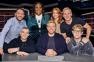 Rob Beckett's Smart TV. Image shows left to right: Jon Richardson, Russell Tovey, Alison Hammond, Rob Beckett, Stacey Dooley, Jamie Laing, Josh Widdicombe