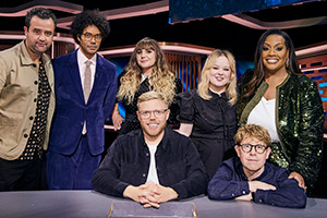 Rob Beckett's Smart TV. Image shows left to right: Daniel Mays, Richard Ayoade, Natasia Demetriou, Rob Beckett, Nicola Coughlan, Josh Widdicombe, Alison Hammond