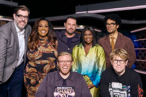 Rob Beckett's Smart TV. Image shows left to right: Richard Osman, Alison Hammond, Rob Beckett, Danny Dyer, Motsi Mabuse, Richard Ayoade, Josh Widdicombe