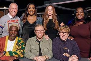 Rob Beckett's Smart TV. Image shows left to right: Gyles Brandreth, Sopẹ́ Dìrísù, Alison Hammond, Rob Beckett, Helen George, Josh Widdicombe, Judi Love